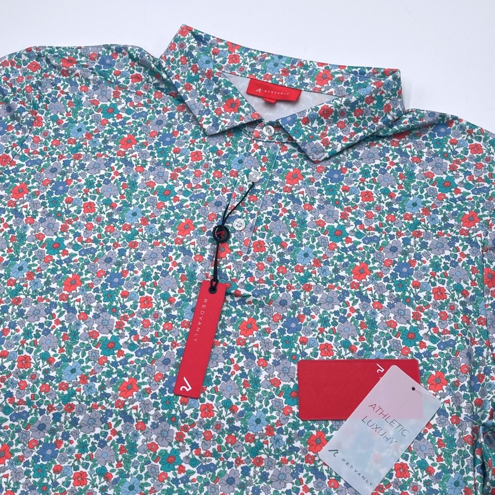 REDVANLY‎ Men's Floral AOP Golf Polo Shirt Athletic Luxury XXL Bright White